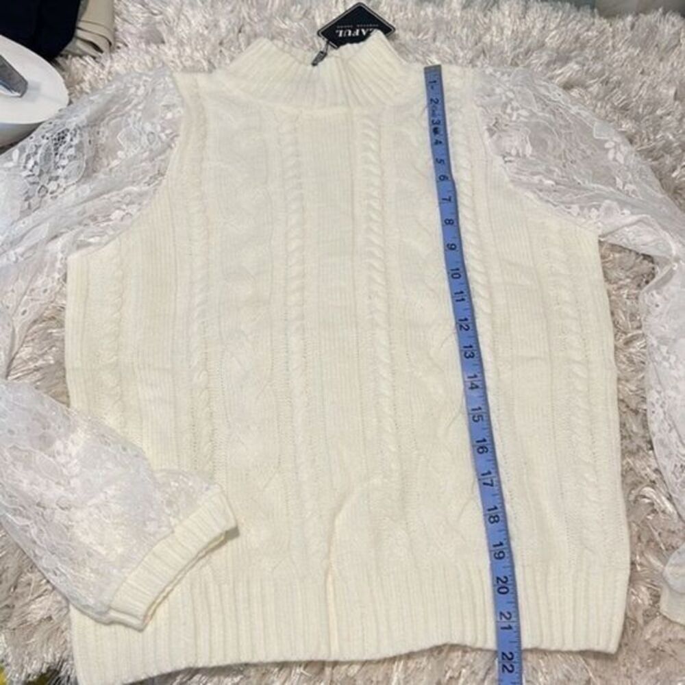 Zaful Mock Neck Cable Knit Lace Mesh Sleeve Ivory Sweater Size 4 - Picture 16 of 16
